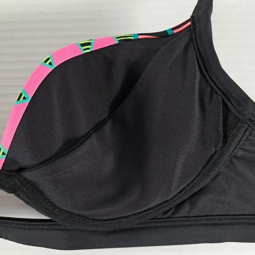 Coco Rave Bikini Swim Top Womens 34 B/C Cup Black Neon Geo Print Underwire Beach